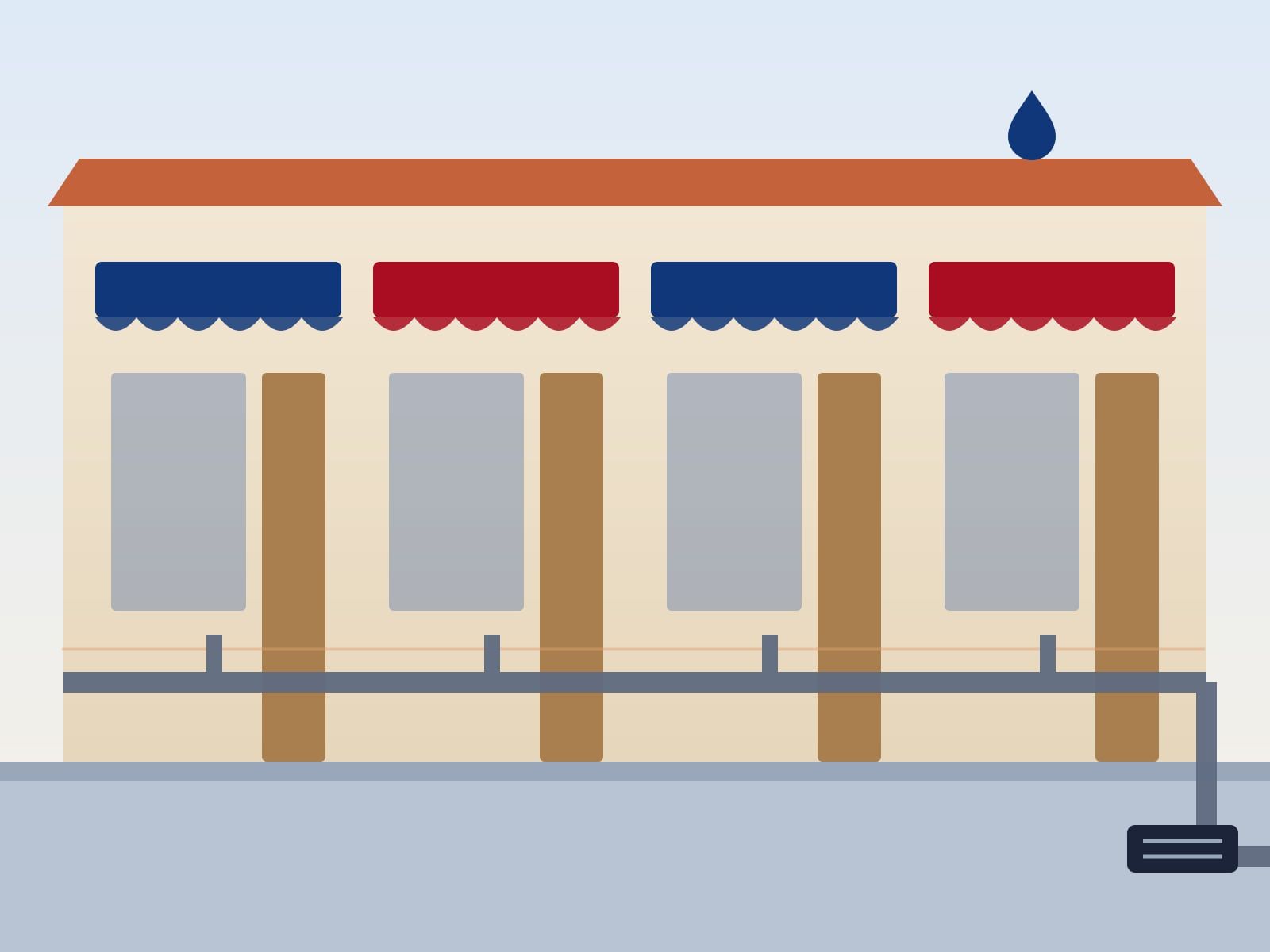 Illustration of a row of small shops with their water and drain lines drawn behind the walls
