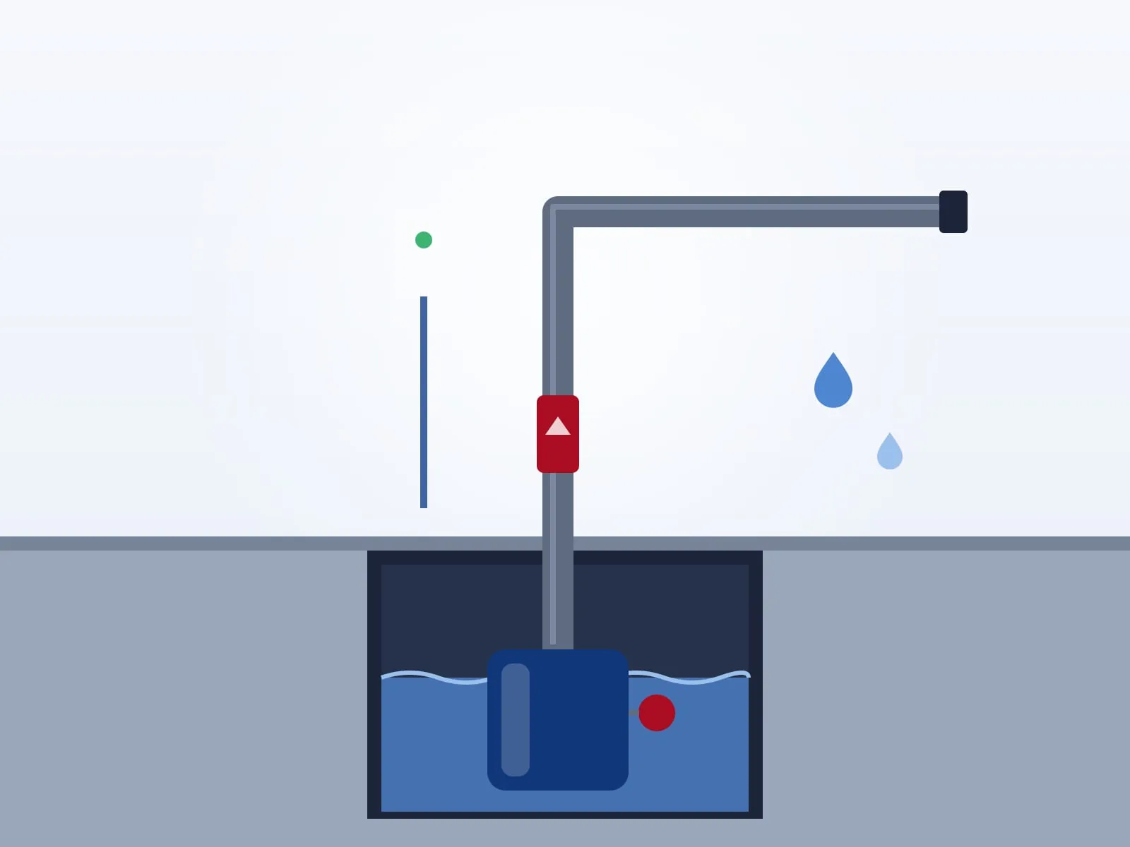 Illustration of a sump pump in a pit, with its discharge pipe and check valve rising up the wall