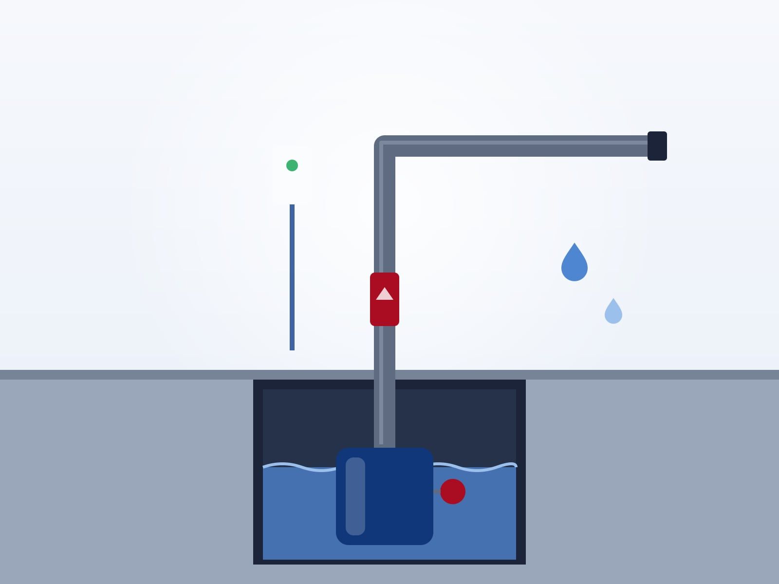 Illustration of a sump pump in a pit, with its discharge pipe and check valve rising up the wall